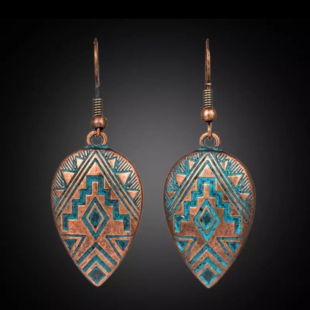 New Aztec Style Earrings Silver Tone or Bronze Turquoise Accent